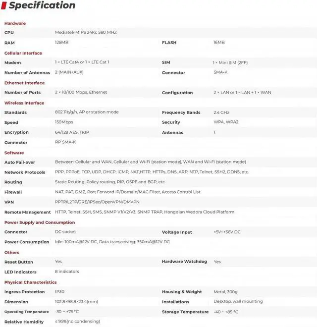 Alt view image 4 of 6 - H8959 Industrial Cellular CAT4 Wi-Fi Router for IoT Applications with FCC, IC, PTCRB, AT&T, Verizon, Tmobile Carrier approvals.