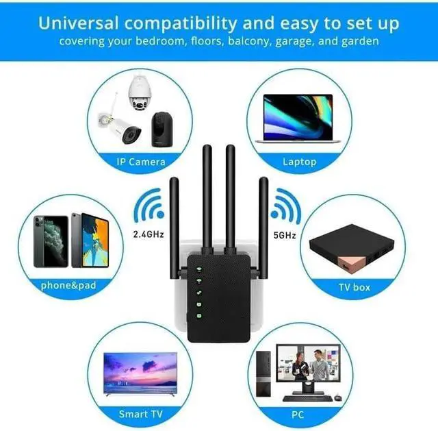 Alt view image 6 of 6 - WiFi Range Extender, 1200Mbps Signal Booster Repeater Dual Band WiFi Extender, 4 Antennas 360° Full Coverage Wireless Internet Amplifier for Smart Home Devices