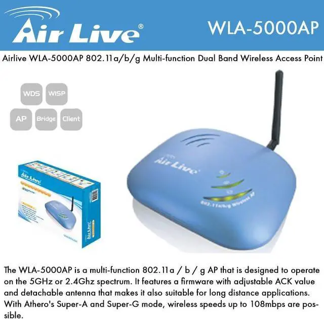 Alt view image 2 of 2 - Airlive WLA-5000AP 802.11a/b/g Multi-Function Dual Band Wireless Access Point
