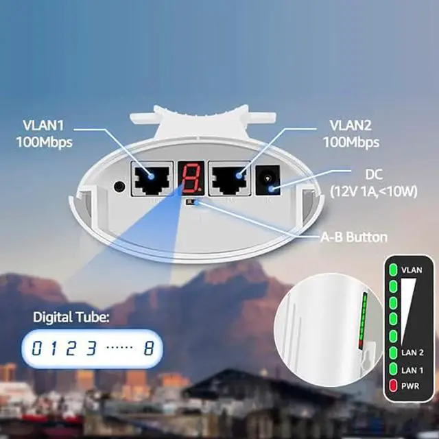 Alt view image 3 of 7 - Outdoor Bridge, Bridge 110-220V PointtoPoint 3KM Working Range LED Display with Metal Clamp for 12-24V 10W Local Power Supply (US Plug 100240V)