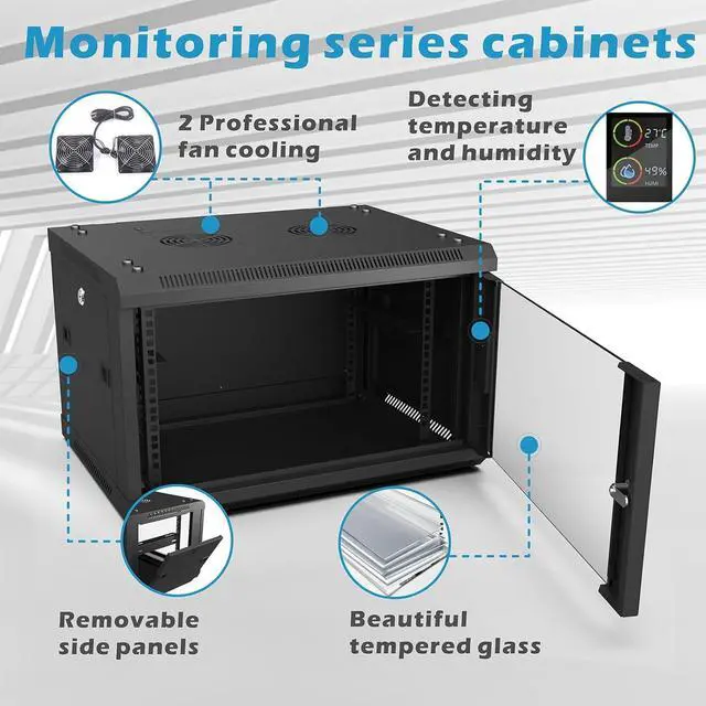 Alt view image 2 of 7 - Wall Mount Rack 6U9U/12U Server Cabinet Enclosure with 2 Cooling Fans, Locks, Temp Display, 450mm Depth, 19 Inch Switch Rack for IT Equipment, A/V Devices