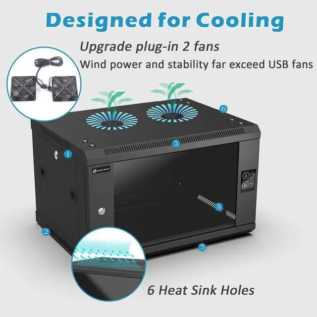 Alt view image 6 of 7 - 6U/9U/12U Server Rack Wall Mount Server Cabinet Enclosure with 2 Cooling Fans, Temp, Locks Door, 17.7 Deep, 19 Inch Network Rack for IT and A/V Equipment (6U)