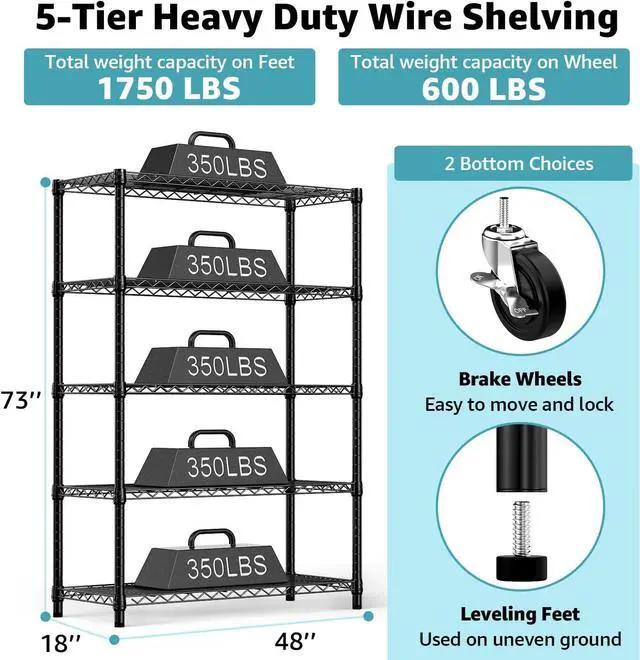 Alt view image 3 of 7 - 5-Shelf Storage Shelves,Wire Shelving Heavy Duty Metal Storage Shelving Unit Adjustable Garage Shelving Rack Pantry Kitchen (Black, 5 Tier,17.7" D x 47.2" W x 76.7" H)
