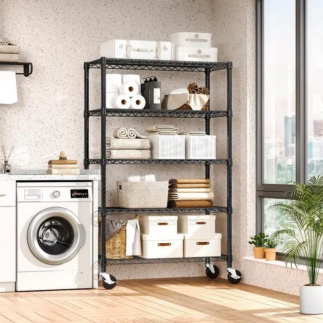 Alt view image 7 of 7 - 5-Shelf Storage Shelves,Wire Shelving Heavy Duty Metal Storage Shelving Unit Adjustable Garage Shelving Rack Pantry Kitchen (Black, 5 Tier,17.7" D x 47.2" W x 76.7" H)