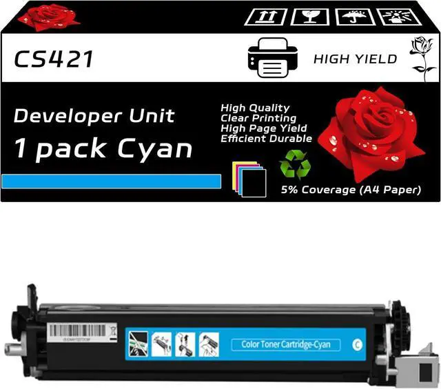 Main image of CS421 Developer Unit Compatible for Lexmark CS421 CS521 CS622 CX421 CX522 CX622 CX625 Printers, with Chip, High Yield 12500 Pages, Clear Printing (Cyan)
