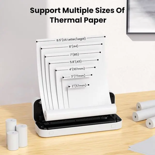 Alt view image 4 of 7 - Portable Printer for Travel, Bluetooth Thermal Printer Supports 8.5 x 11 Inch US Letter Size, Compatible with Android and iOS & Laptop Inkless Mobile for Office, Car, School