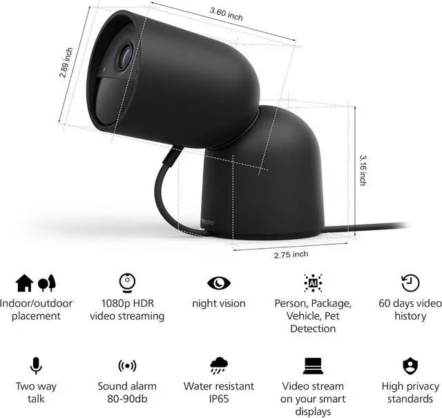 Alt view image 2 of 7 - Philips Hue Secure Desktop Wired Smart Home Security Camera, Black - 1 Pack - 1080P HD Video - Night Vision - Motion Detection - Two-Way Talk - Indoor/Outdoor - Weatherproof - Works with Hue App