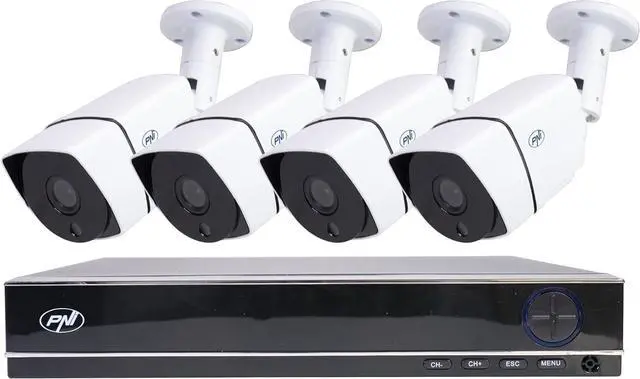 Main image of Video Surveillance kit with 4 Analog Cameras 2MP and NVR. It Supports 4 5M-N Analog Cameras and 2 1080P IP Cameras. Functions: Motion Detection, chip Detection, Human Shape Detection