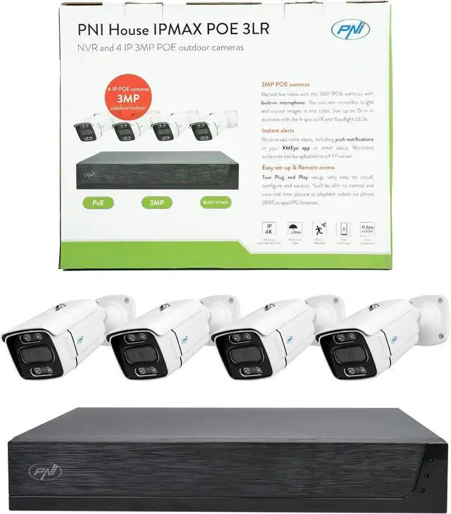 Alt view image 2 of 7 - PNI House IPMAX POE 3LR Video Surveillance kit, NVR with 4 POE Ports and 10 in Network, and 4 Cameras with IP 3MP, Outdoor, Power Over Ethernet
