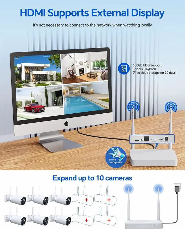 Alt view image 2 of 7 - Gadpiparty CAMCAMP 2.5K Wireless Security Camera System, Solar Powered, Home Security System with 10CH NVR, 500GB HDD, Color Night Vision, Motion Detection, 2-Way Audio, IP66, 2.4G/5G WiFi - No Month