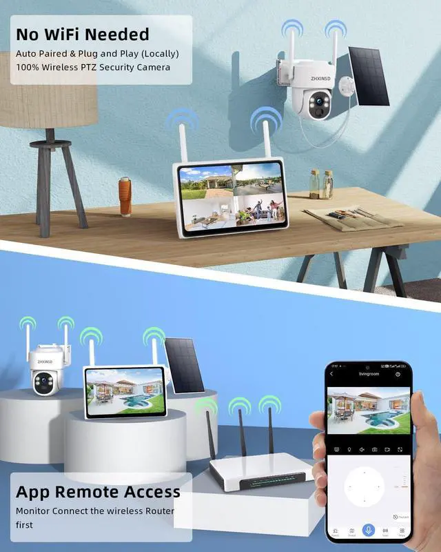 Alt view image 4 of 7 - Gadpiparty Solar Security Cameras System, Wireless Outdoor with 10" LCD Monitor, 4PCS 4MP Solar Powered PTZ Camera with Solar Panel for Home Security, 10 CH Expandable, Color Night Vision, 2-Way Audio