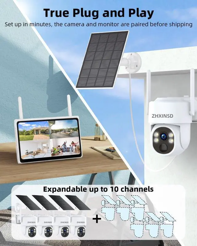 Alt view image 7 of 7 - Gadpiparty Solar Security Cameras System, Wireless Outdoor with 10" LCD Monitor, 4PCS 4MP Solar Powered PTZ Camera with Solar Panel for Home Security, 10 CH Expandable, Color Night Vision, 2-Way Audio