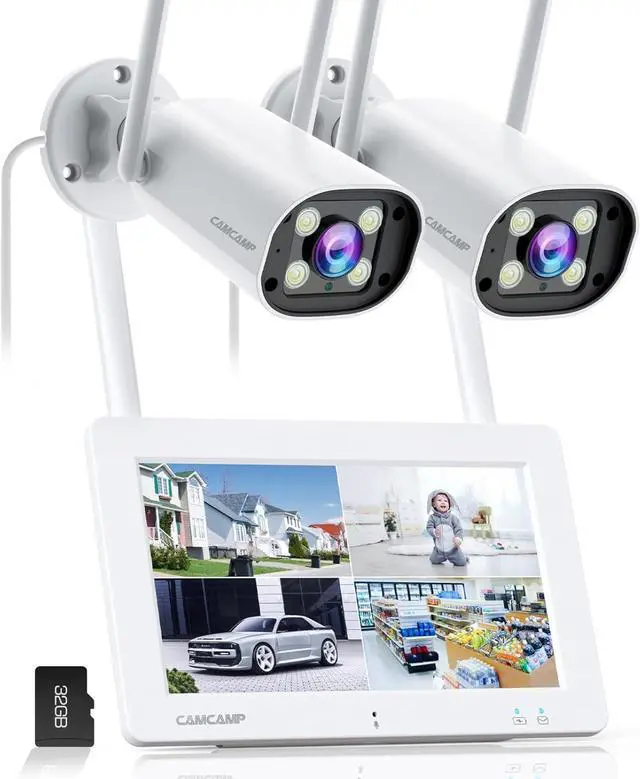 Main image of Gadpiparty Camcamp Wireless Security Camera System with 7" Touchscreen Monitor & 2PCS 2K Wired Outdoor Security Camera, Plug-in Power, Color Night Vision, 2 Way Audio, Motion Detection, 32GB SD Card