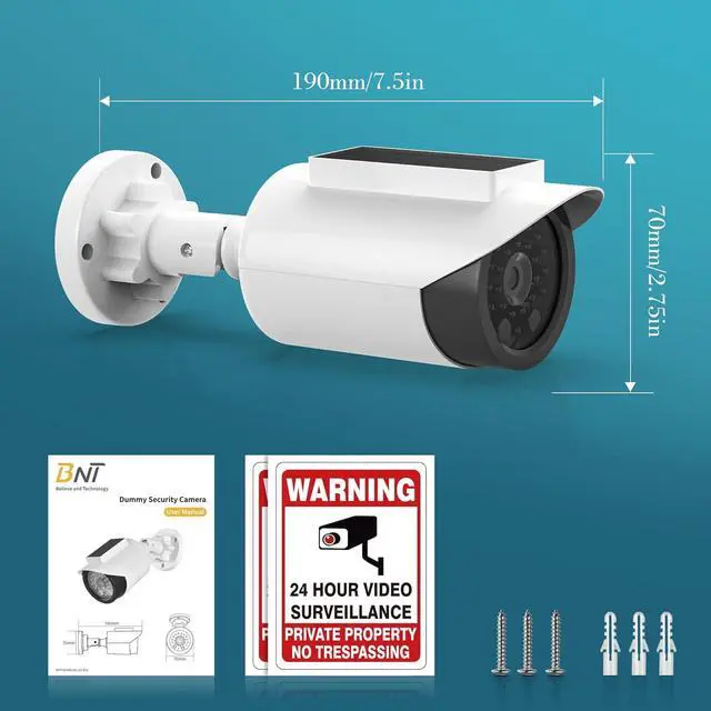 Alt view image 2 of 7 - BNT Solar Powered Fake Security Camera, Bullet Shape Fake Surveillance Camera with Red LED Light for Night, Security Warning Sticker, for Outdoor Safety Alert (White 2Pack,Battery not Included)