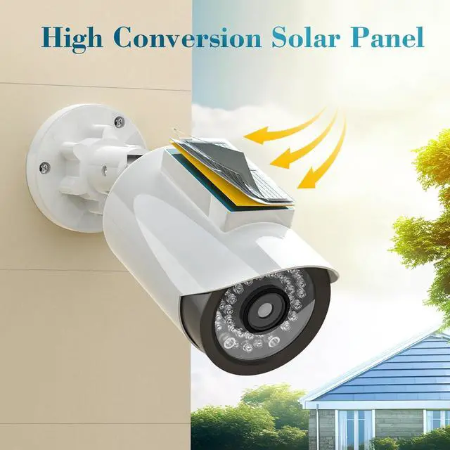 Alt view image 3 of 7 - BNT Solar Powered Fake Security Camera, Bullet Shape Fake Surveillance Camera with Red LED Light for Night, Security Warning Sticker, for Outdoor Safety Alert (White 2Pack,Battery not Included)