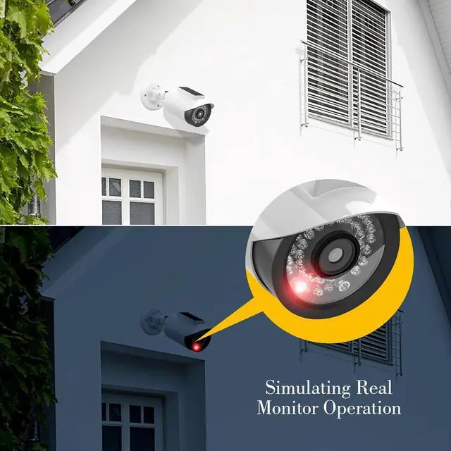 Alt view image 4 of 7 - BNT Solar Powered Fake Security Camera, Bullet Shape Fake Surveillance Camera with Red LED Light for Night, Security Warning Sticker, for Outdoor Safety Alert (White 2Pack,Battery not Included)