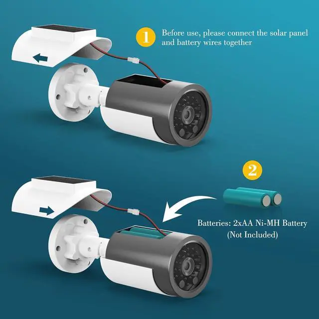 Alt view image 6 of 7 - BNT Solar Powered Fake Security Camera, Bullet Shape Fake Surveillance Camera with Red LED Light for Night, Security Warning Sticker, for Outdoor Safety Alert (White 2Pack,Battery not Included)