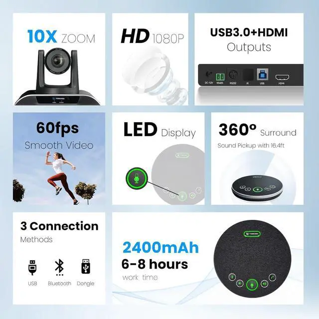 Alt view image 3 of 7 - 10x Zoom Conference Room Video Camera System, All-in-One HD 1080P 60fps 10X Optical USB3.0 HDMI PTZ and Bluetooth Speaker with Microphones Bundle for Medium by DT
