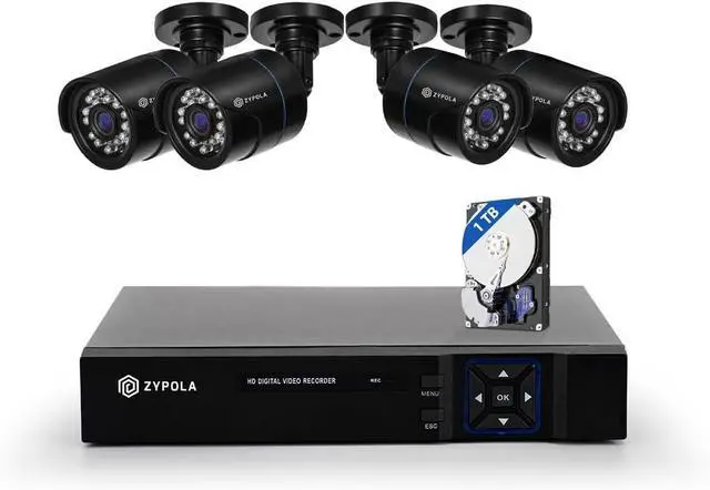 Main image of Gadpiparty Zypola® 8 Channel 4 Camera Outdoor Wired CCTV System, 1080p Full HD, 130 ft Infrared Night Vision, WDR & DNR, H.265, Pre-Installed 1 TB HDD