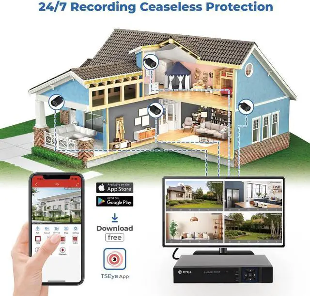 Alt view image 2 of 7 - Gadpiparty Zypola® 8 Channel 4 Camera Outdoor Wired CCTV System, 1080p Full HD, 130 ft Infrared Night Vision, WDR & DNR, H.265, Pre-Installed 1 TB HDD