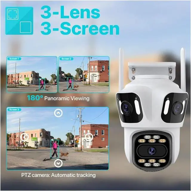 Alt view image 3 of 7 - WiFi Camera 6K 8MP HD Outdoor Three Lens Three Screen Auto Tracking Security Protection PTZ Camera 4K Video Surveillance iCsee