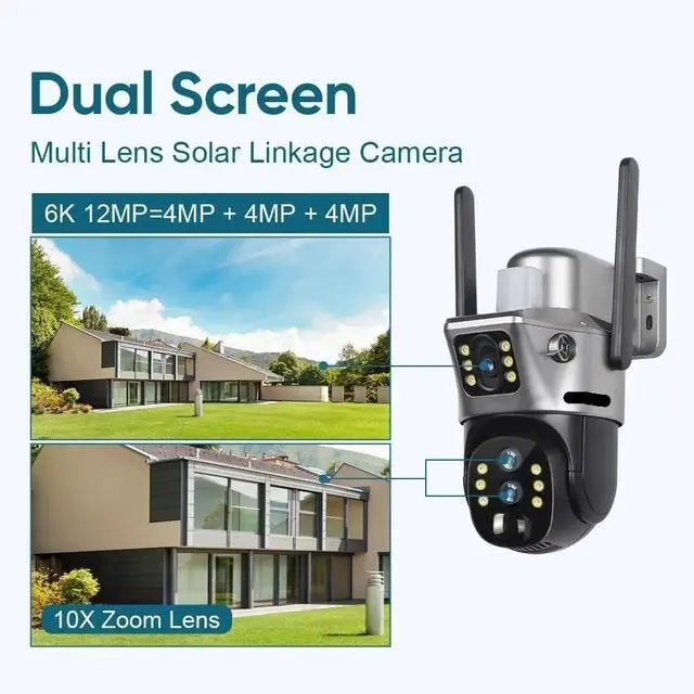 Alt view image 4 of 7 - 12MP 10X Zoom Dual Screen Solar Camera Outdoor 6K 4G/WiFi Three Lens Human Auto Tracking Security Cameras V380 Pro App