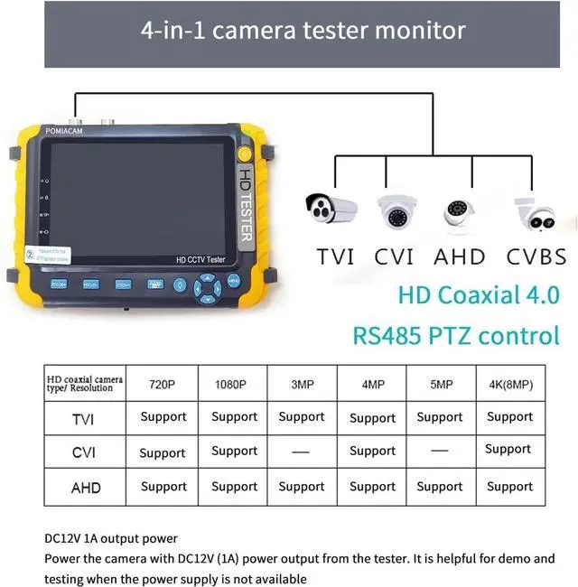 Alt view image 2 of 6 - CCTV Tester, IV8W CCTV Tester Monitor for 8MP AHD TVI CVI CVBS Camera Testing RS485 PTZ Control VGA Input UTP Cable(IV8W with VGA)