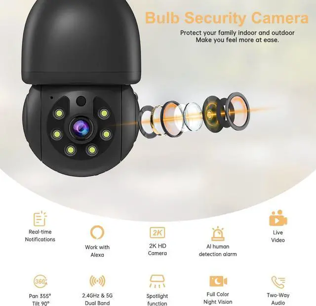 Alt view image 2 of 7 - Light Bulb Security Cameras Wireless Outdoor, 5G&2.4G WiFi Security Cameras for Home Security Outside, AI Human Detection, Two-Way Talk, Color Night Vision, Siren Alarm, Work with Alexa (2 Pack)