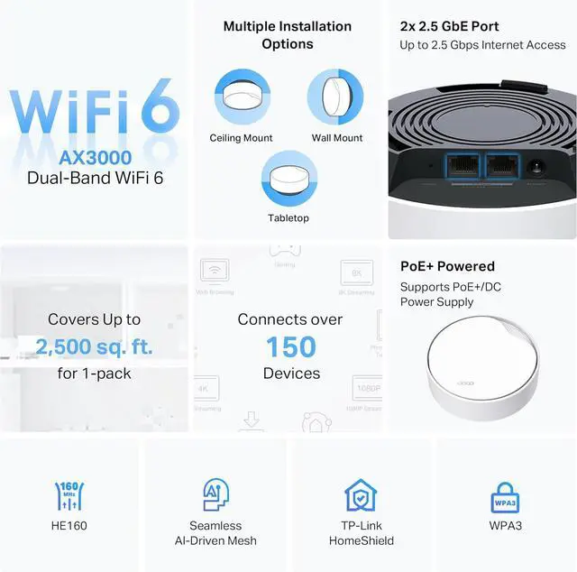 Alt view image 3 of 7 - TP-Link AX3000 PoE Mesh WiFi - Ceiling/Wall-Mountable WiFi 6 Mesh, Replacing WiFi Router, Access Point and Range Extender, PoE-Powered, 2 x 2.5G Ports Deco X50-PoE(1-Pack)
