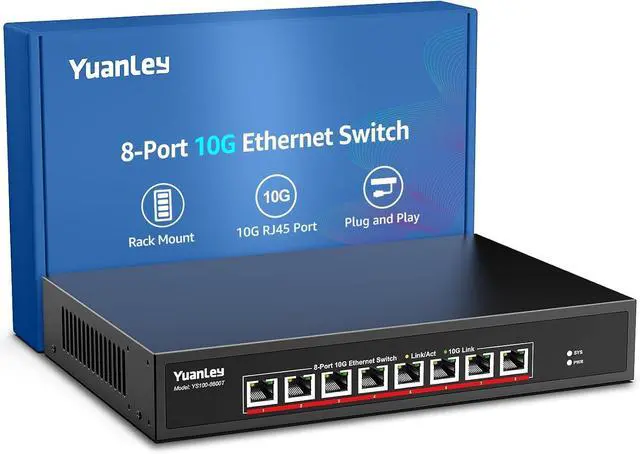 Main image of YuanLey 8-Port 10G Ethernet Switch, 8 x 10Gbps RJ45 Ports, Support 10G/5G/2.5G/1G/100Mbps Speed Auto-Negotiation, 160Gbps Switching Capacity, Unmanaged Switch Rackmountable, Plug and Play