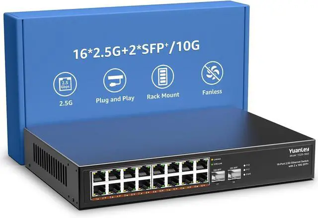Main image of 18 Port 2.5G Umanaged Ethernet Switch, 16 x 2.5Gb Base-T Ports, 2 x 10G SFP+, Compatible with 100/1000/2500Mbps, Metal Fanless, Desktop/Rack Mount YuanLey 2.5Gbe Network Switch for Wireless AP, PC