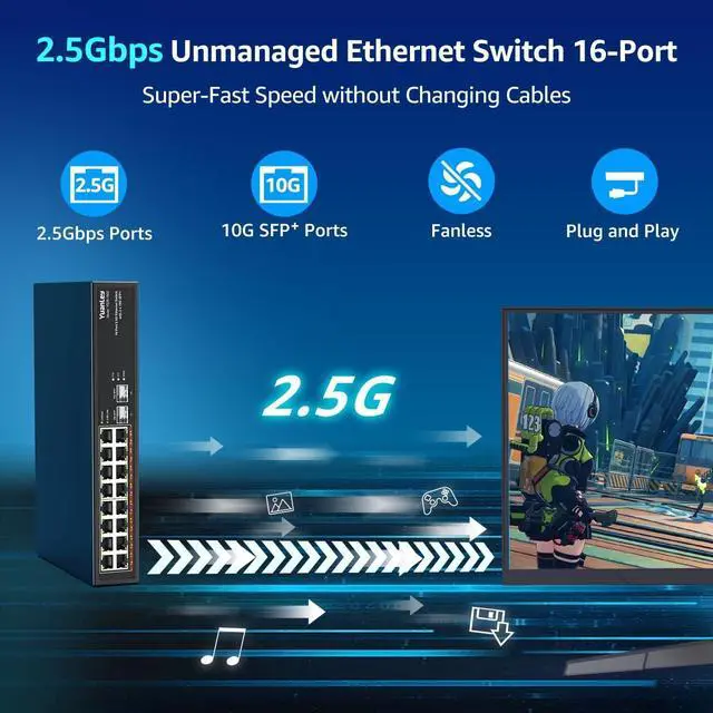 Alt view image 2 of 7 - 18 Port 2.5G Umanaged Ethernet Switch, 16 x 2.5Gb Base-T Ports, 2 x 10G SFP+, Compatible with 100/1000/2500Mbps, Metal Fanless, Desktop/Rack Mount YuanLey 2.5Gbe Network Switch for Wireless AP, PC