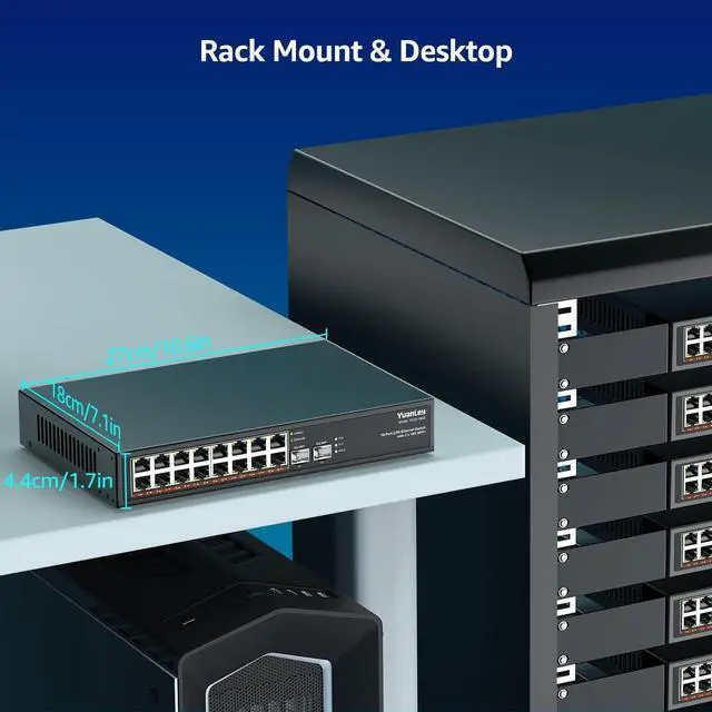 Alt view image 5 of 7 - 18 Port 2.5G Umanaged Ethernet Switch, 16 x 2.5Gb Base-T Ports, 2 x 10G SFP+, Compatible with 100/1000/2500Mbps, Metal Fanless, Desktop/Rack Mount YuanLey 2.5Gbe Network Switch for Wireless AP, PC