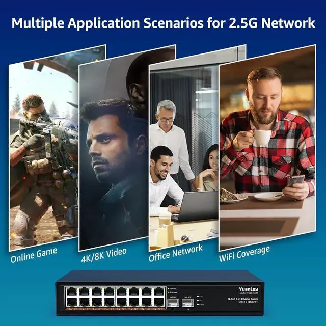 Alt view image 7 of 7 - 18 Port 2.5G Umanaged Ethernet Switch, 16 x 2.5Gb Base-T Ports, 2 x 10G SFP+, Compatible with 100/1000/2500Mbps, Metal Fanless, Desktop/Rack Mount YuanLey 2.5Gbe Network Switch for Wireless AP, PC