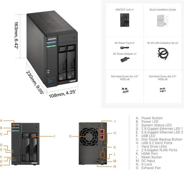 Alt view image 3 of 7 - Asustor Lockerstor 2 Gen2 AS6702T - 2 Bay NAS, Quad-Core 2.0 GHz CPU, 4x M.2 NVMe slots (PCIe 3.0), Dual 2.5GbE, 4GB DDR4 RAM, Network Attached Storage (Diskless)