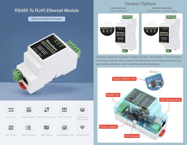 Alt view image 3 of 7 - Waveshare Industrial Serial Server RS485 to RJ45 Ethernet TCP/IP to Serial Rail-Mount Support with PoE Ethernet Port + Electrical Isolation