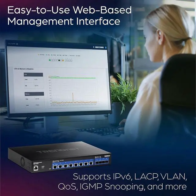 Alt view image 5 of 7 - TRENDnet 12-Port 10G Web Smart Switch, TEG-7124WS, 8 x 10G RJ-45 Ports, 4 x SFP+ Slots, Ethernet Splitter, NDAA & TAA Compliant, Rack Mountable Housing, Lifetime Protection, Black