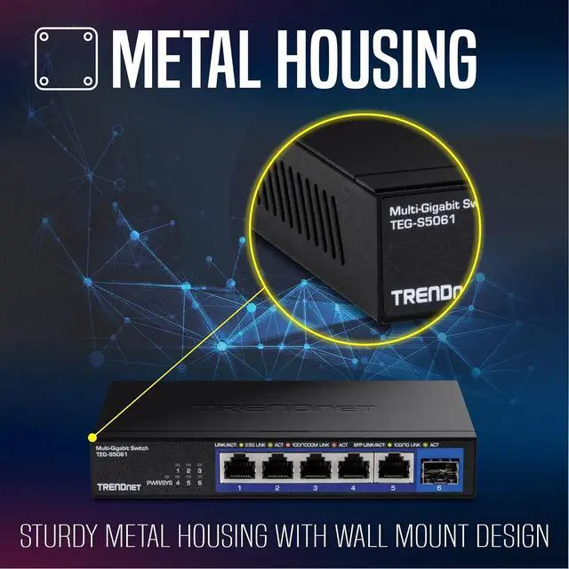 Alt view image 5 of 7 - TRENDnet 6-Port Unmanaged 2.5G Switch with 10G SFP+Port, TEG-S5061, 5 x 2.5GBASE-T Ports, 45Gbps SwitchingCapacity, Fanless, Wall Mountable,Lifetime Protection,Black