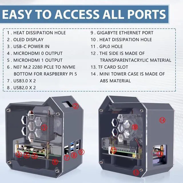 Alt view image 2 of 7 - N07 MiniTower NVMe NAS Kit for Raspberry Pi 5, Supports M.2 NVMe SSD 2230/2242/2260/2280