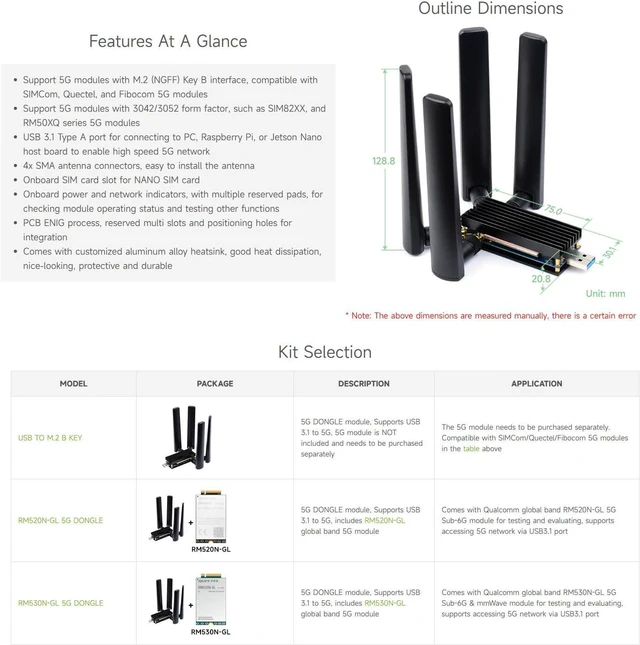 Alt view image 4 of 7 - Waveshare 5G DONGLE Module Quad Antennas USB3.1 Port Aluminum Alloy Heatsink M.2 Key B Interface, 5G Module Not Included.