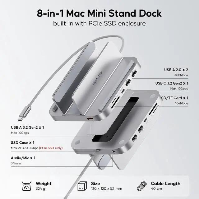 Alt view image 2 of 7 - Mac mini Hub M1 M2 with M.2 SSD Enclosure (NOT for M4 2024), 8-in-1 Vertical Mac mini Dock Stand with USB A/C 3.2 10Gbps, 2 x USB A 2.0, SD/TF Slots, 3.5mm Audio Mic Jack