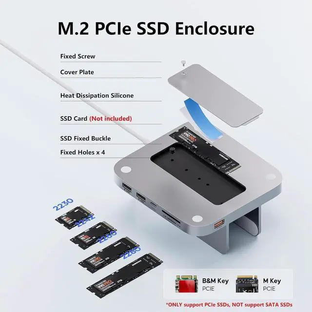 Alt view image 3 of 7 - Mac mini Hub M1 M2 with M.2 SSD Enclosure (NOT for M4 2024), 8-in-1 Vertical Mac mini Dock Stand with USB A/C 3.2 10Gbps, 2 x USB A 2.0, SD/TF Slots, 3.5mm Audio Mic Jack