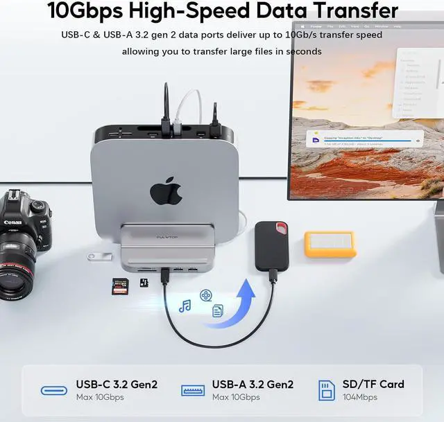 Alt view image 4 of 7 - Mac mini Hub M1 M2 with M.2 SSD Enclosure (NOT for M4 2024), 8-in-1 Vertical Mac mini Dock Stand with USB A/C 3.2 10Gbps, 2 x USB A 2.0, SD/TF Slots, 3.5mm Audio Mic Jack