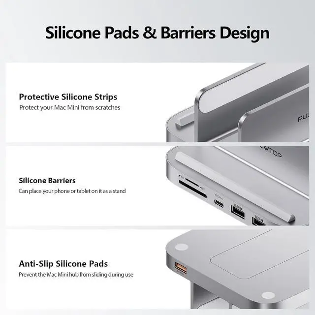 Alt view image 7 of 7 - Mac mini Hub M1 M2 with M.2 SSD Enclosure (NOT for M4 2024), 8-in-1 Vertical Mac mini Dock Stand with USB A/C 3.2 10Gbps, 2 x USB A 2.0, SD/TF Slots, 3.5mm Audio Mic Jack