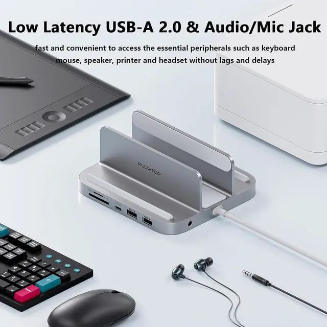 Alt view image 5 of 7 - Mac mini Hub M1 M2 with M.2 SSD Enclosure (NOT for M4 2024), 8-in-1 Vertical Mac mini Dock Stand with USB A/C 3.2 10Gbps, 2 x USB A 2.0, SD/TF Slots, 3.5mm Audio Mic Jack