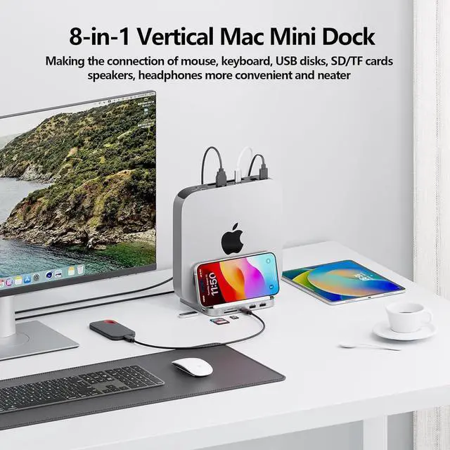 Alt view image 6 of 7 - Mac mini Hub M1 M2 with M.2 SSD Enclosure (NOT for M4 2024), 8-in-1 Vertical Mac mini Dock Stand with USB A/C 3.2 10Gbps, 2 x USB A 2.0, SD/TF Slots, 3.5mm Audio Mic Jack