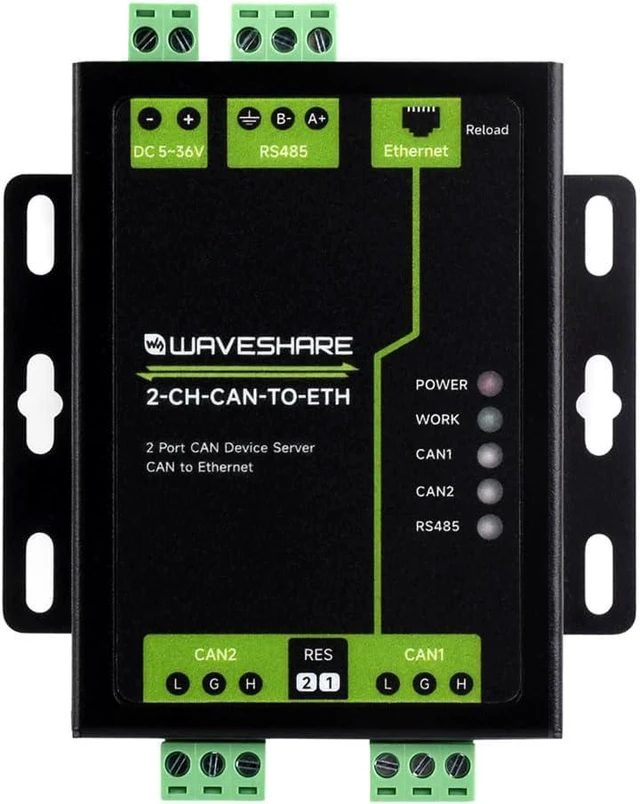 Main image of waveshare Industrial Grade 2-Ch CAN to Ethernet Server, 2-Ch CAN + RS485 + Ethernet Port, Supports CAN Repeater/CAN to RS485, Dual Socket, Aluminium Alloy Case, Wall-Mount Support
