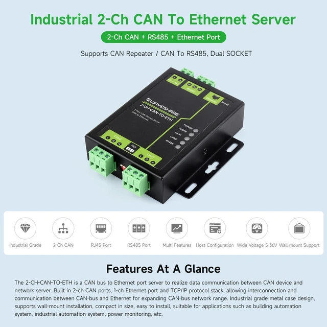 Alt view image 3 of 7 - waveshare Industrial Grade 2-Ch CAN to Ethernet Server, 2-Ch CAN + RS485 + Ethernet Port, Supports CAN Repeater/CAN to RS485, Dual Socket, Aluminium Alloy Case, Wall-Mount Support