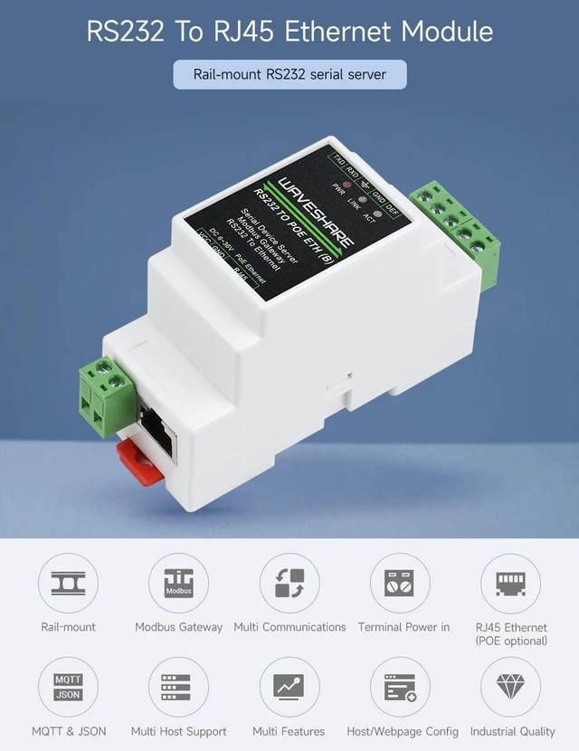 Alt view image 2 of 7 - Waveshare Industrial Serial Server, RS232 to RJ45 Ethernet, TCP/IP to Serial, Rail-Mount Support, with POE Function