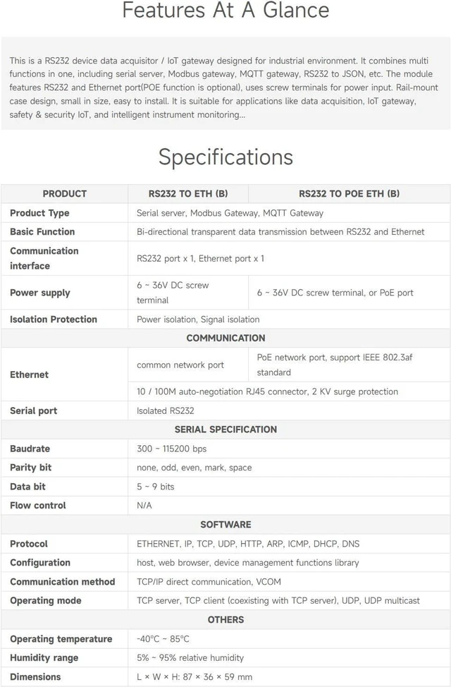 Alt view image 4 of 7 - Waveshare Industrial Serial Server, RS232 to RJ45 Ethernet, TCP/IP to Serial, Rail-Mount Support, with POE Function